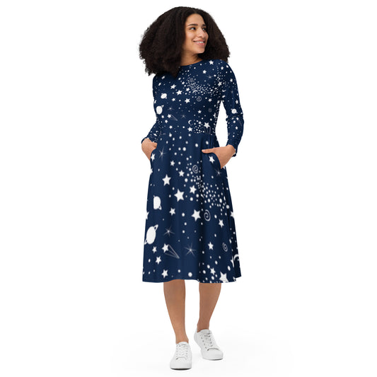 Galaxy All-Over Print Long Sleeve Midi Dress