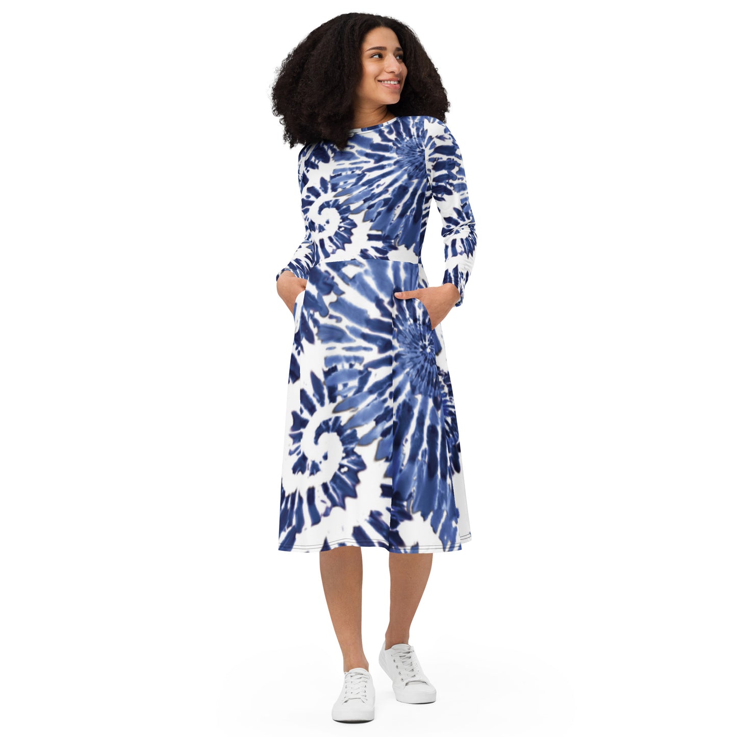 Tie And Dye Print Long Sleeve Midi Dress