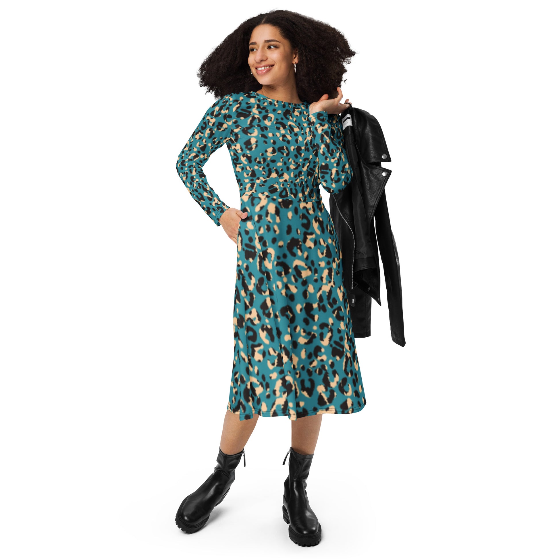 Blue Leopard Long Sleeve Midi Dress ShopByBoomni Blue Leopard Long Sleeve Midi Dress ShopByBoomni