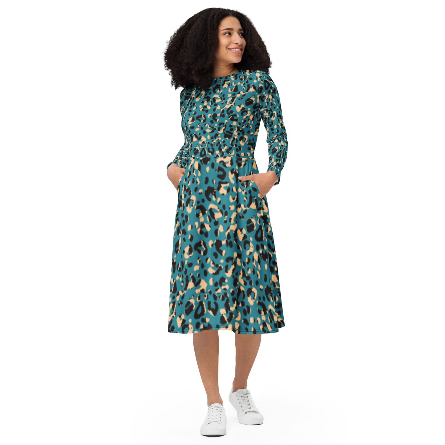 Blue Leopard Long Sleeve Midi Dress