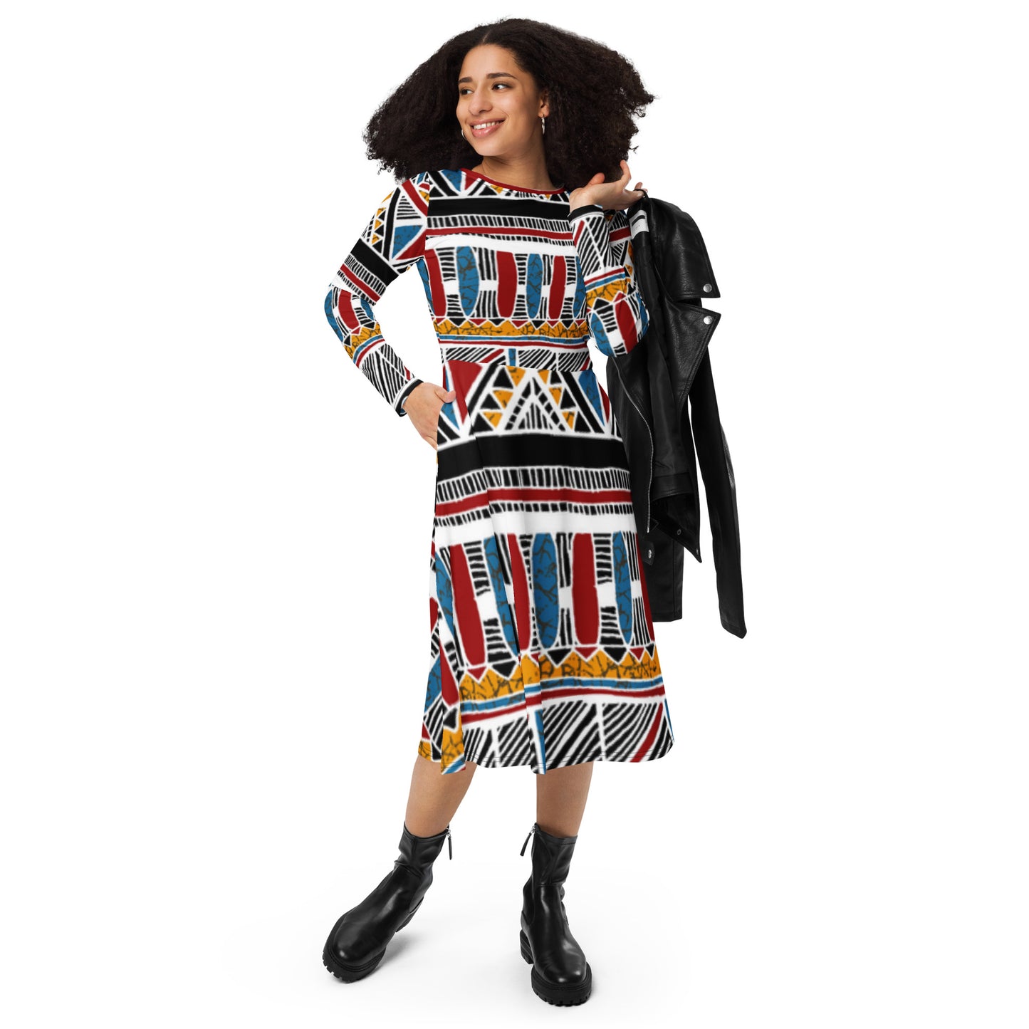 Ethnic print long sleeve midi dress