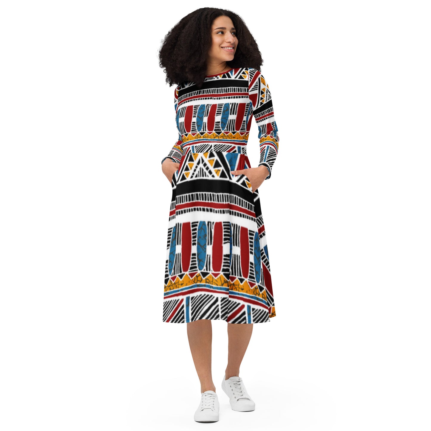 Ethnic print long sleeve midi dress