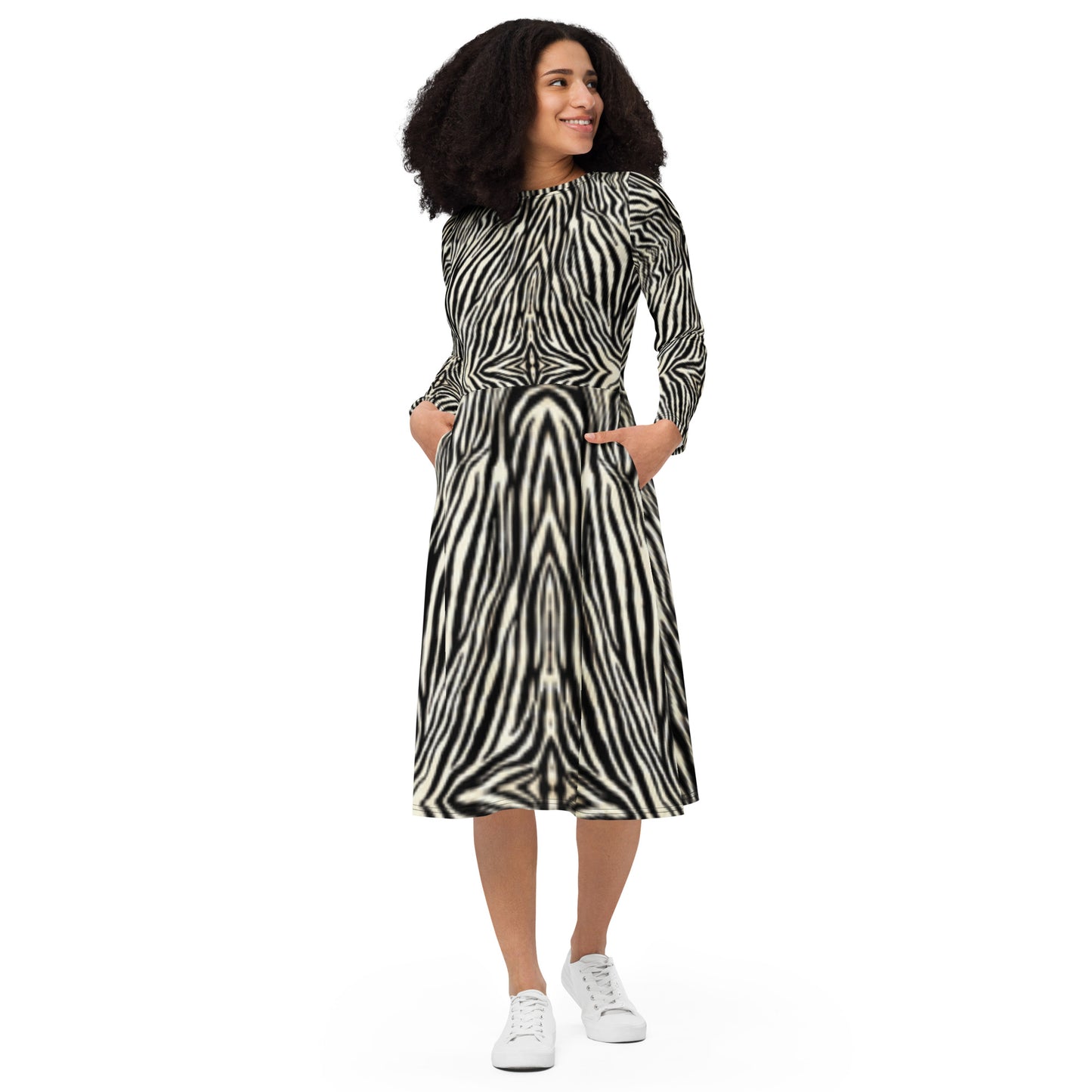 Zebra Print Long Sleeve Midi Dress