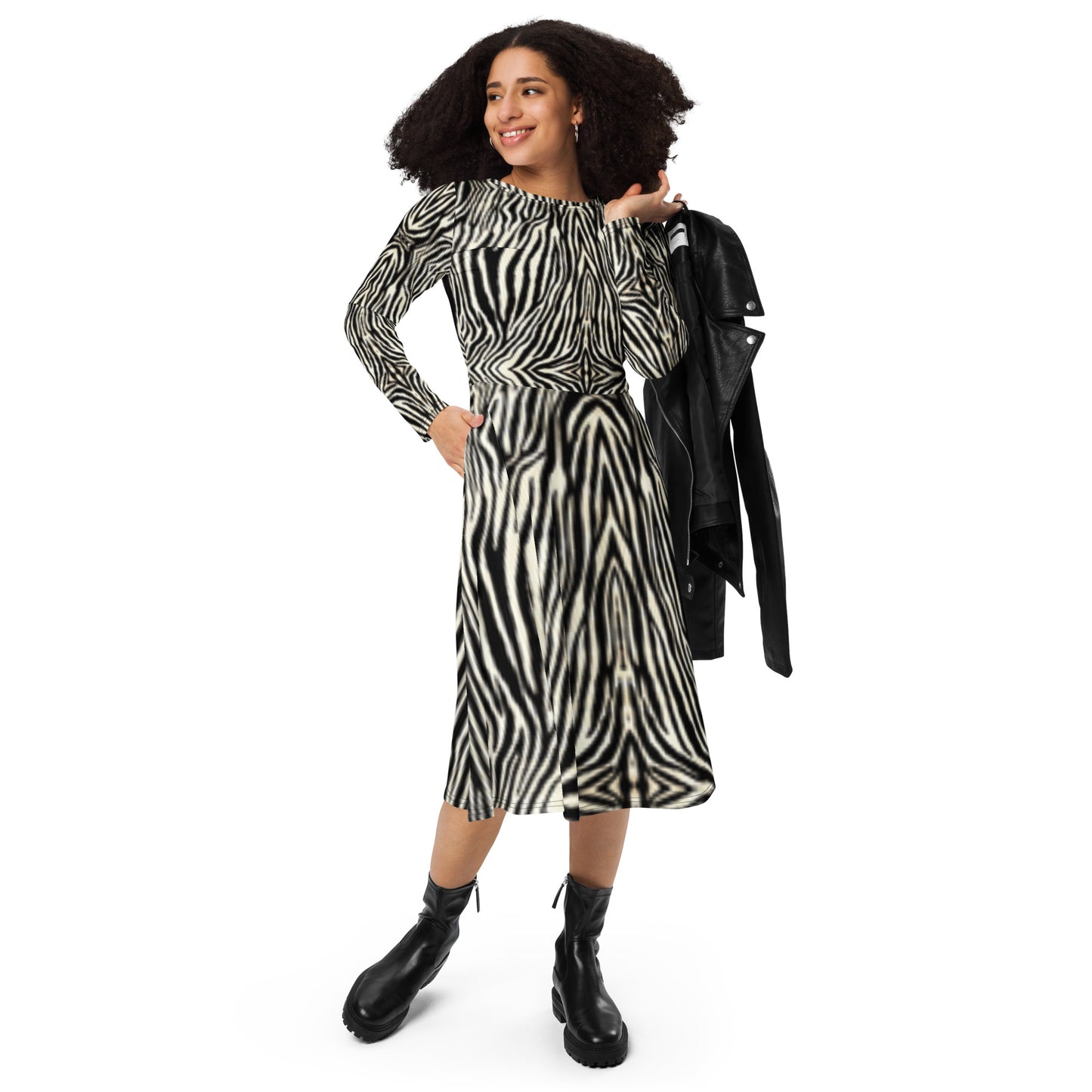 Zebra Print Long Sleeve Midi Dress