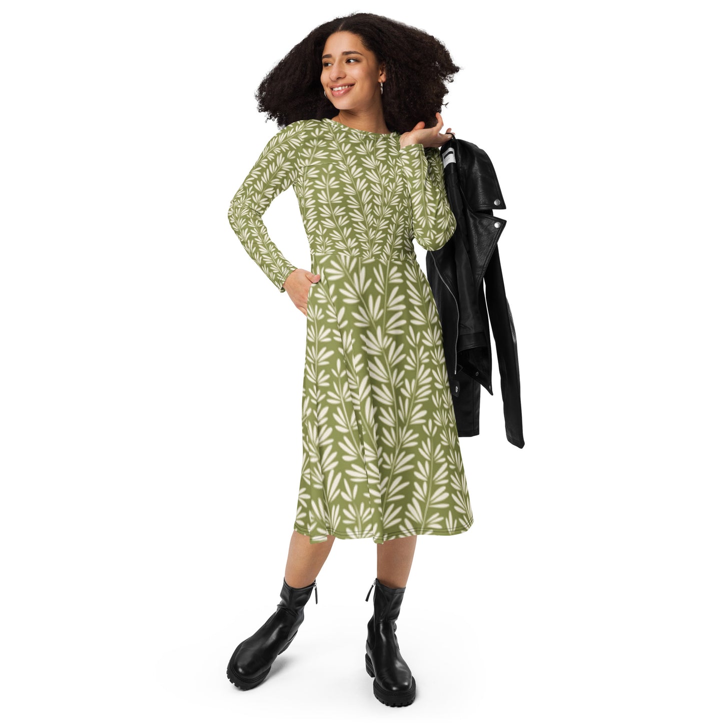 Green Leafy Print Long Sleeve Midi Dress