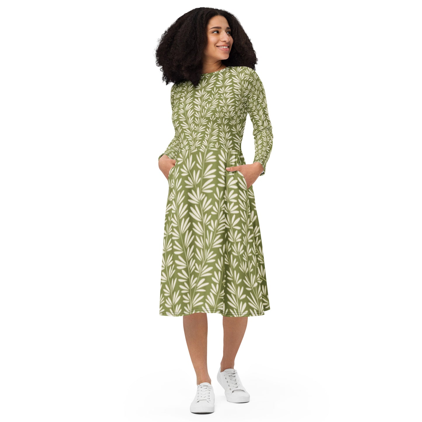 Green Leafy Print Long Sleeve Midi Dress