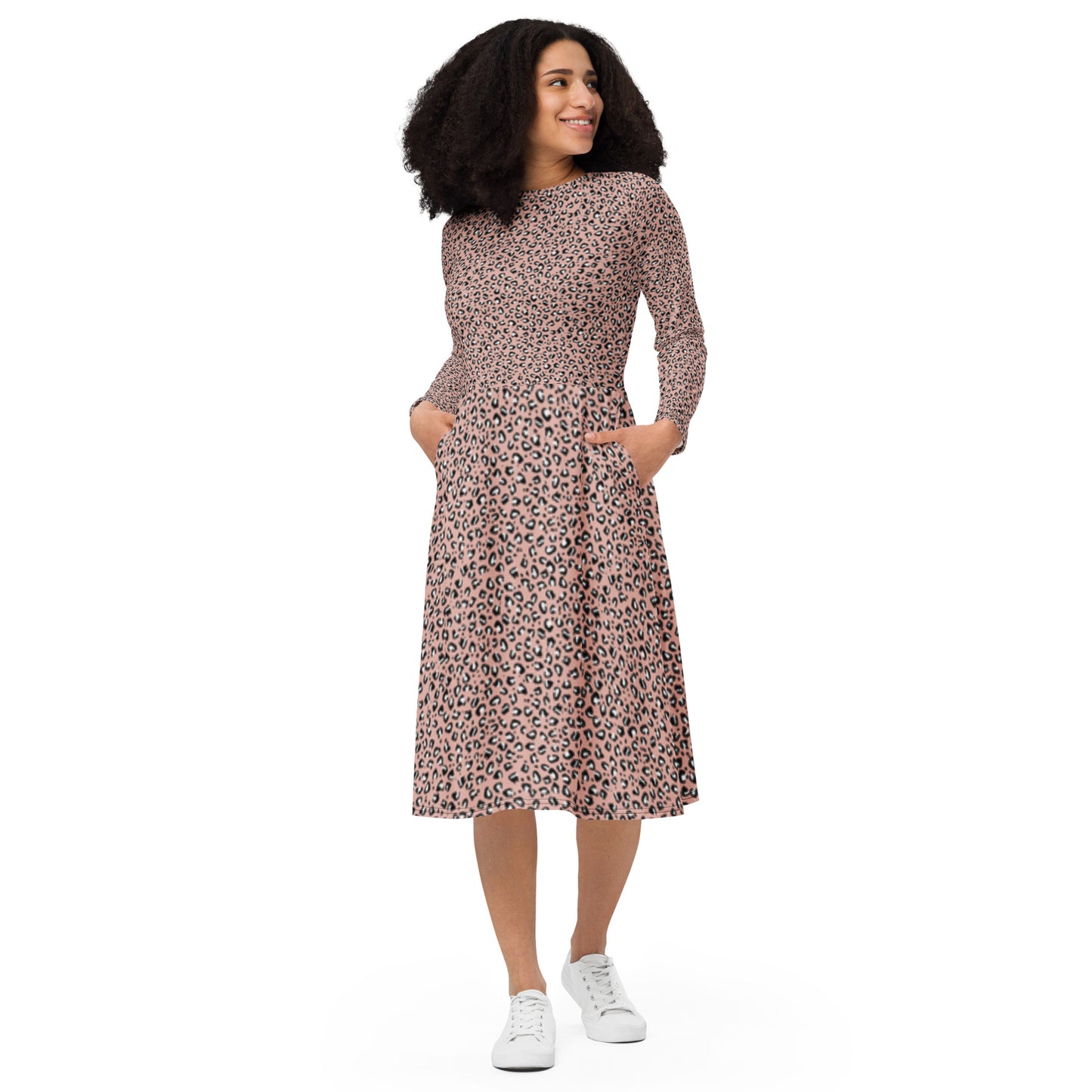 Pink Leopard Long Sleeve Midi Dress