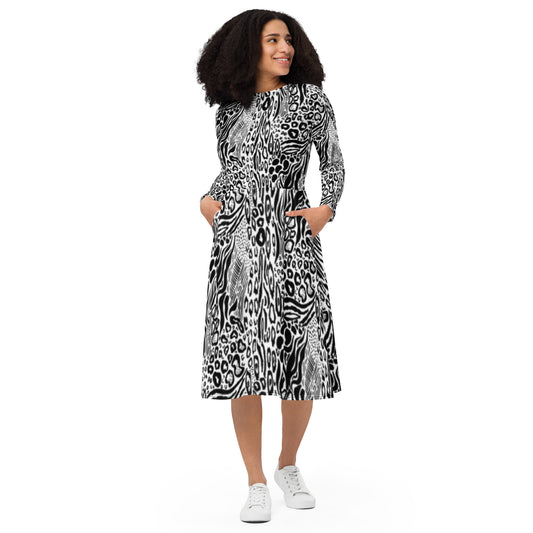 Monochrome Leopard Long Sleeve Midi Dress