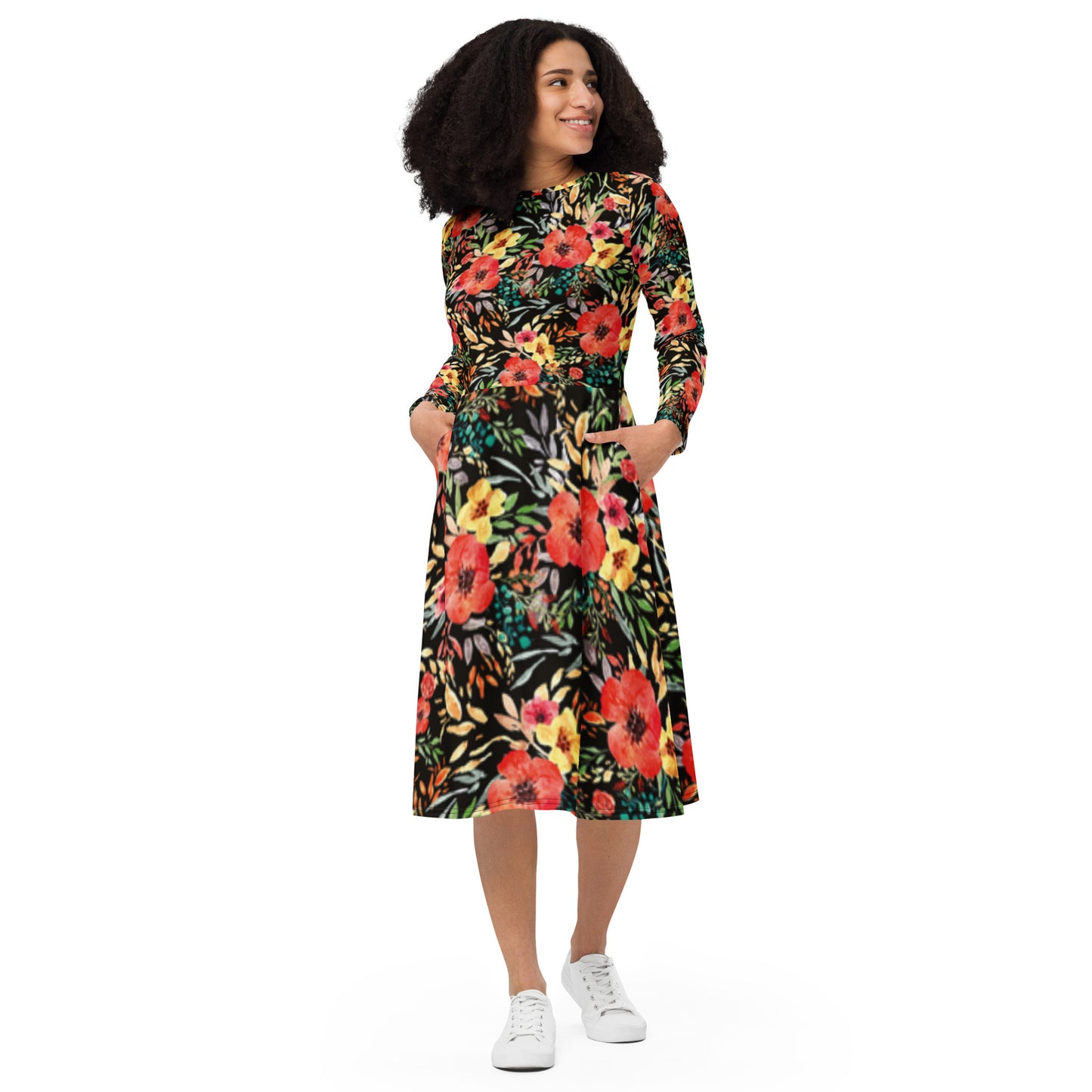 Winter Floral Print Long Sleeve Midi Dress