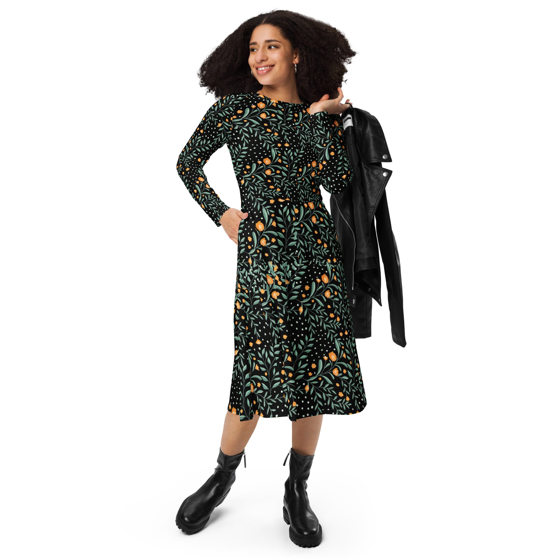 Winter Floral Long Sleeve Midi Dress ShopByBoomni Winter Floral Long Sleeve Midi Dress ShopByBoomni