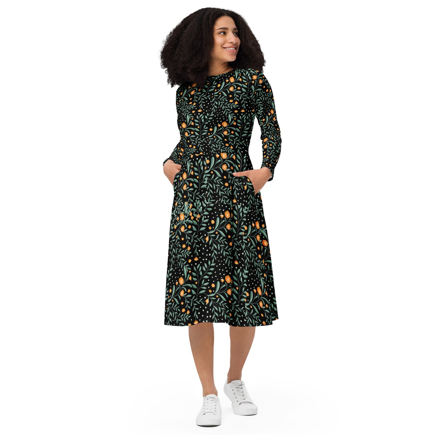 Winter Floral Long Sleeve Midi Dress