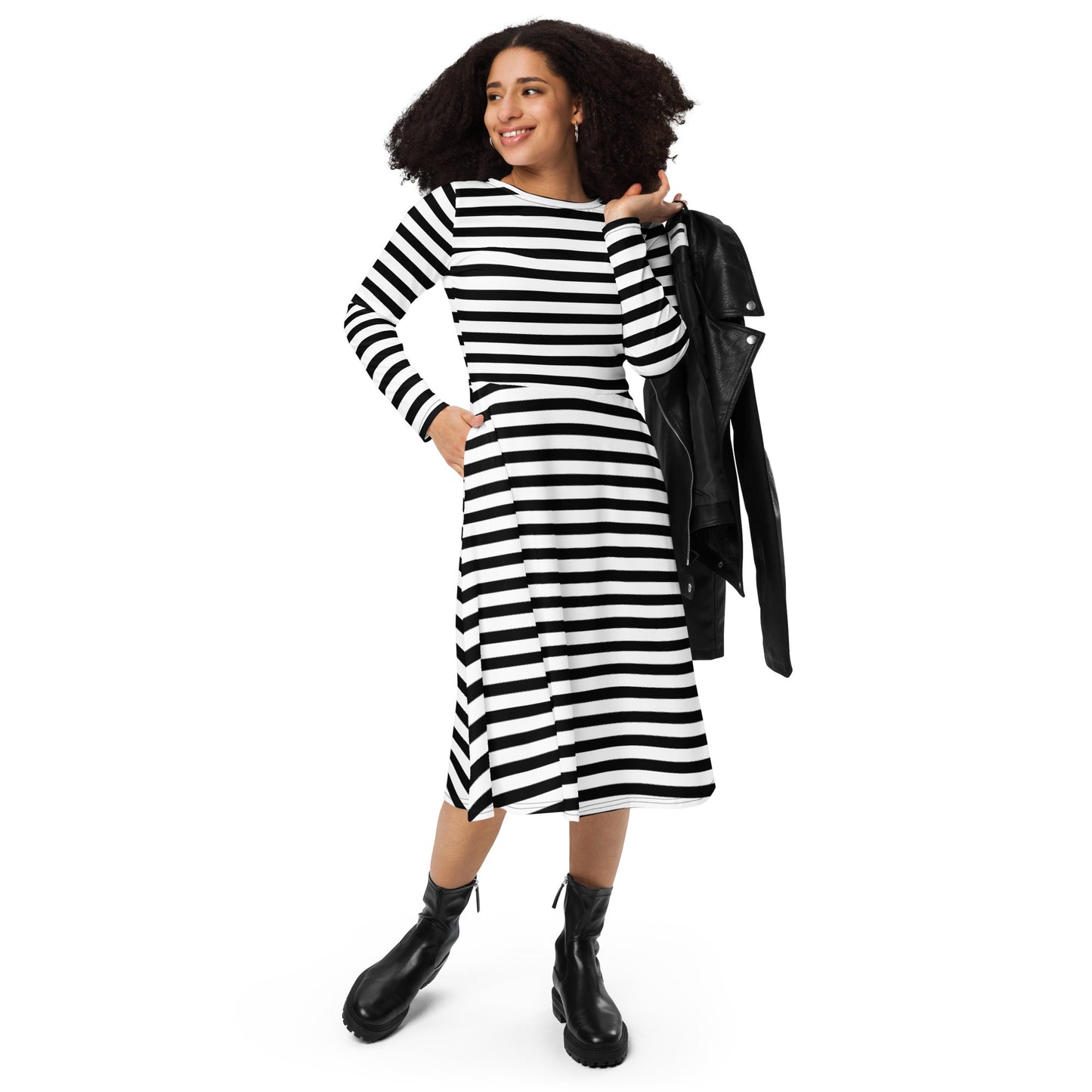 Monochrome Stripe Long Sleeve Midi Dress