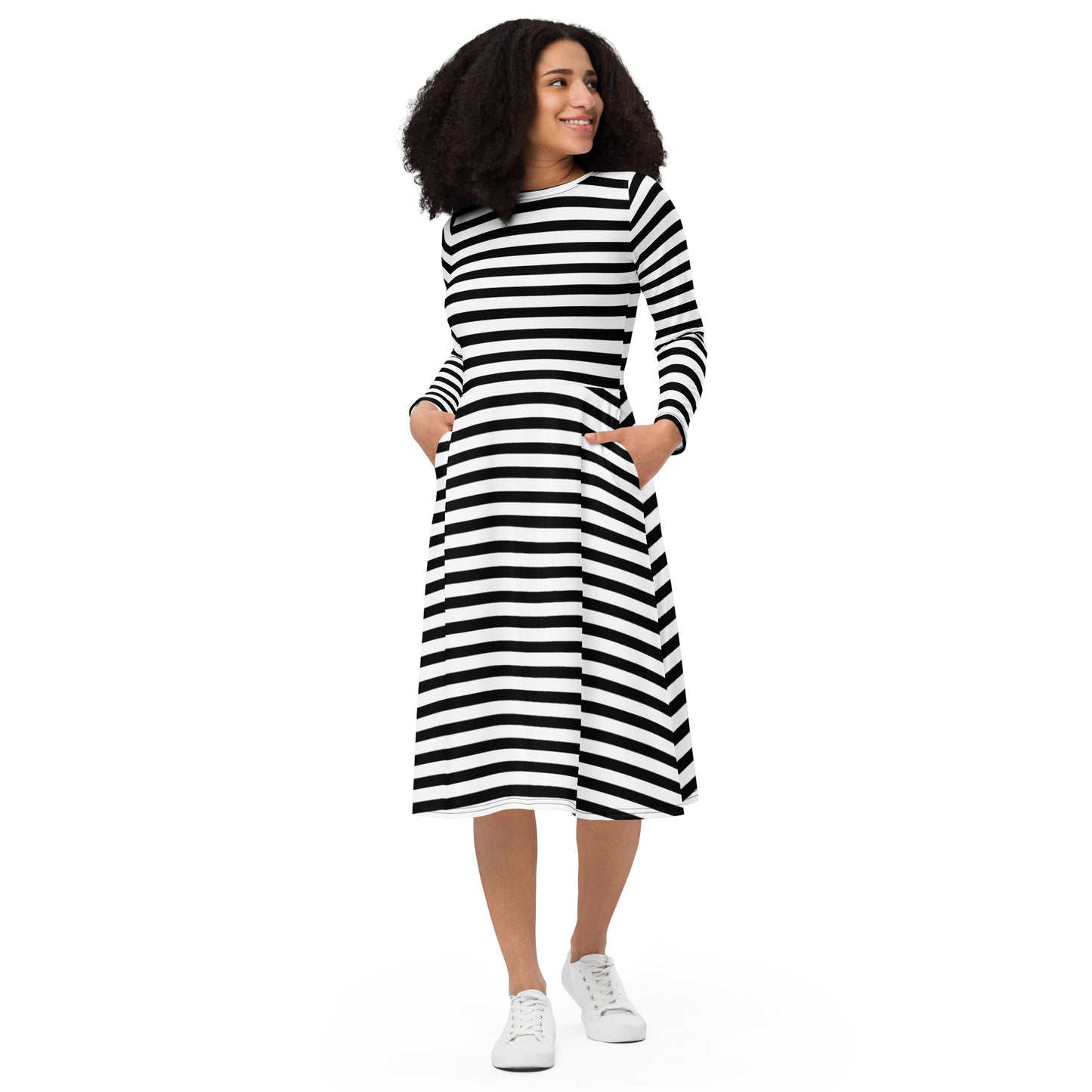 Monochrome Stripe Long Sleeve Midi Dress