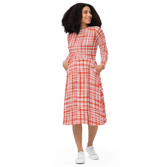 Red Gingham Long Sleeve Midi Dress