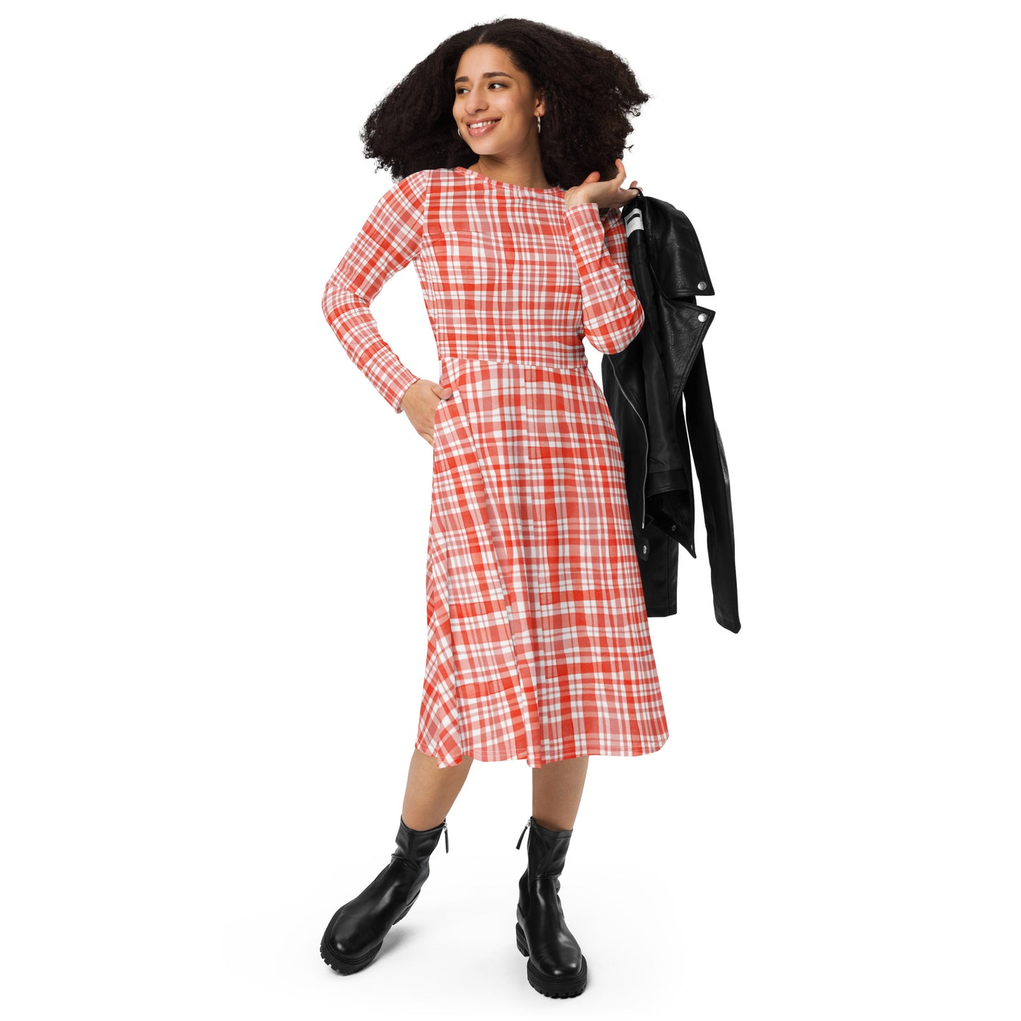 Red Gingham Long Sleeve Midi Dress