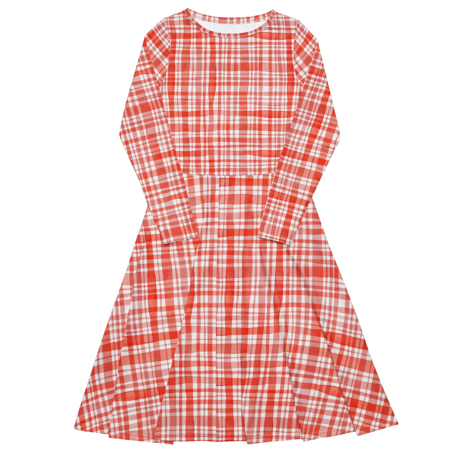 Red Gingham Long Sleeve Midi Dress