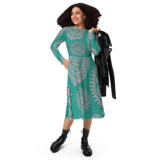 Turquoise Paisley Long Sleeve Midi Dress