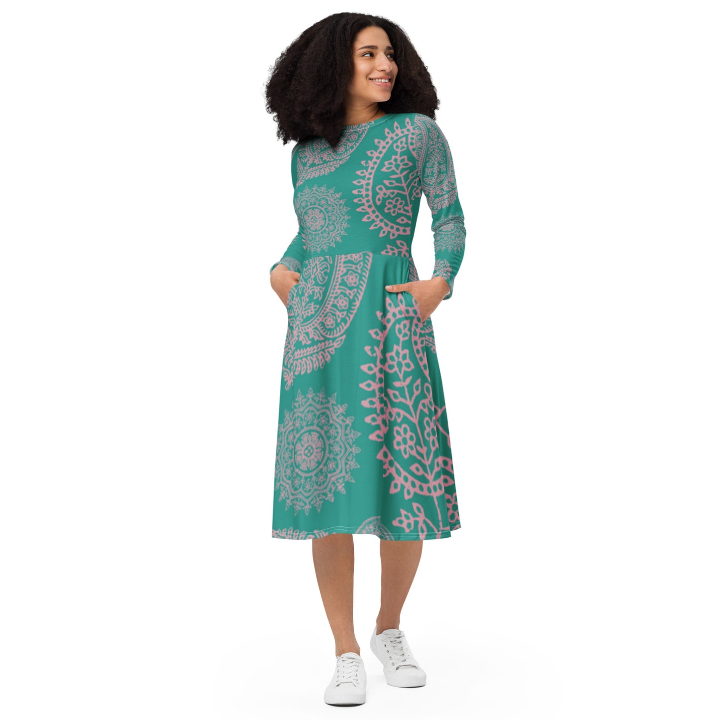 Turquoise Paisley Long Sleeve Midi Dress