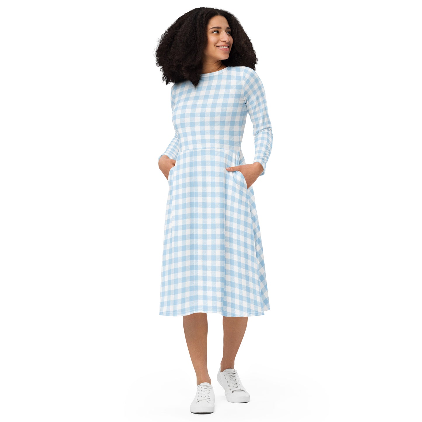 Blue Gingham Long Sleeve Midi Dress