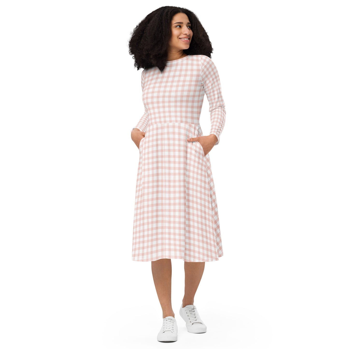 Light Pink Gingham Long Sleeve Midi Dress