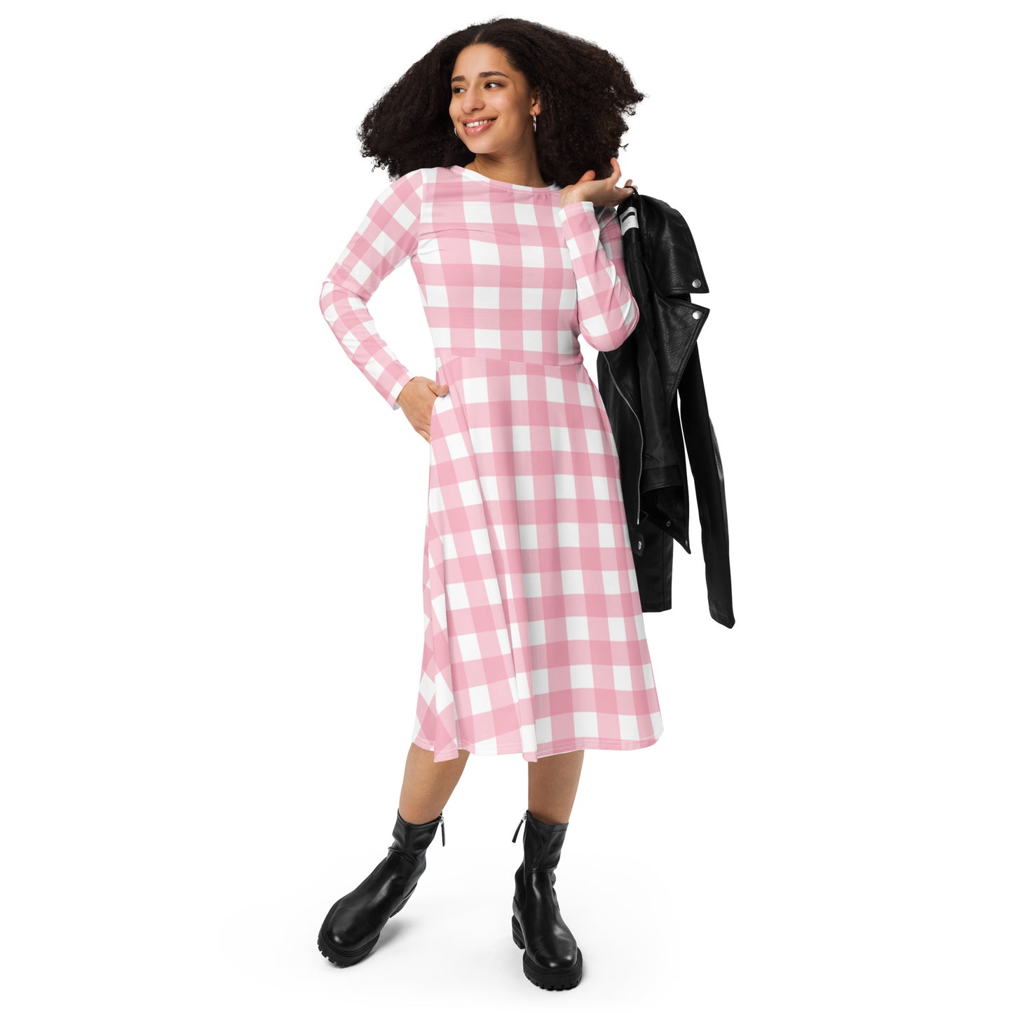 Pink Gingham Long Sleeve Midi Dress