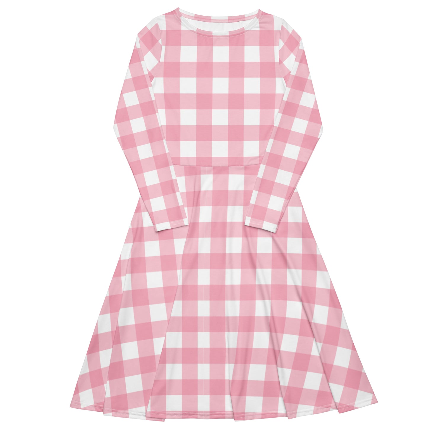 Pink Gingham Long Sleeve Midi Dress