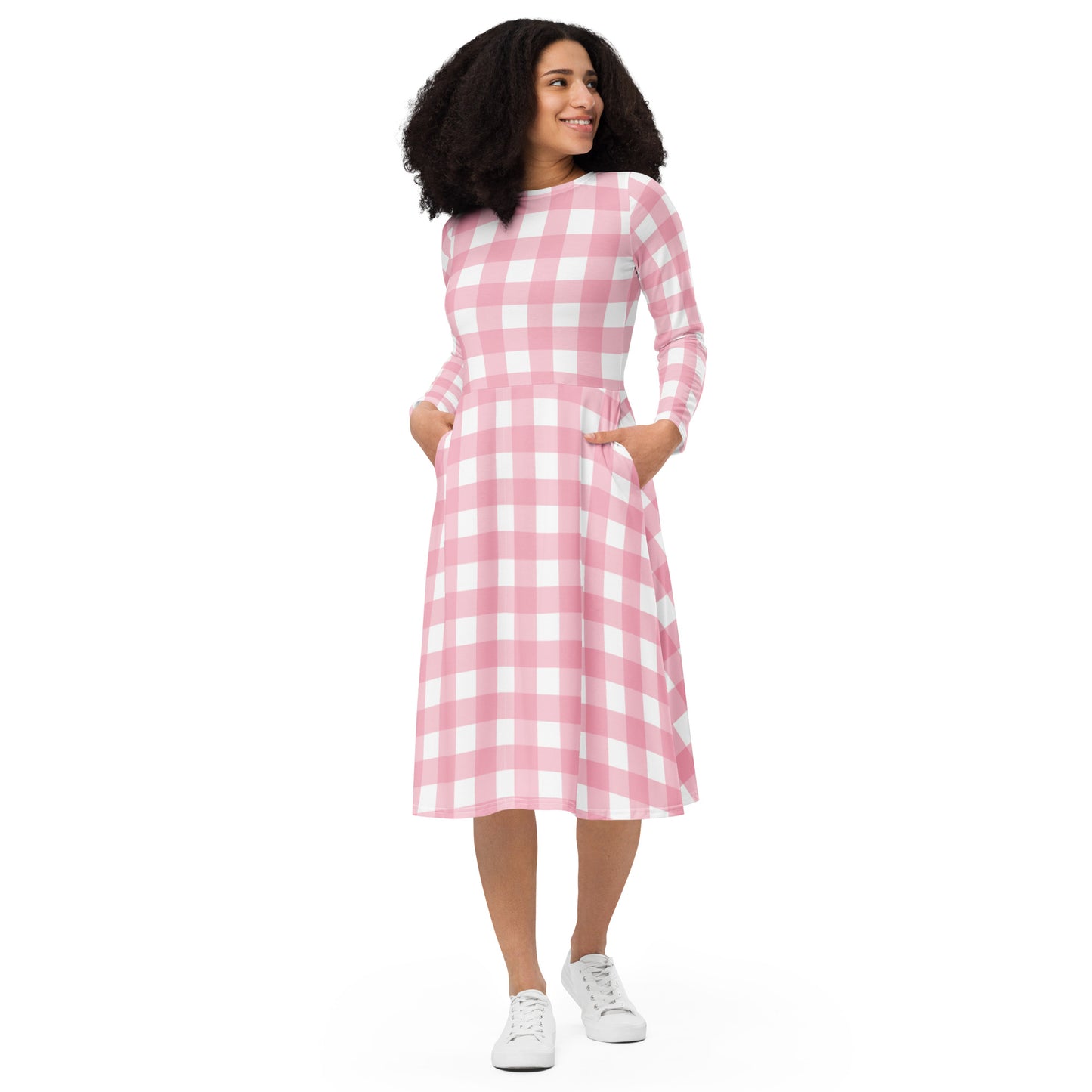 Pink Gingham Long Sleeve Midi Dress