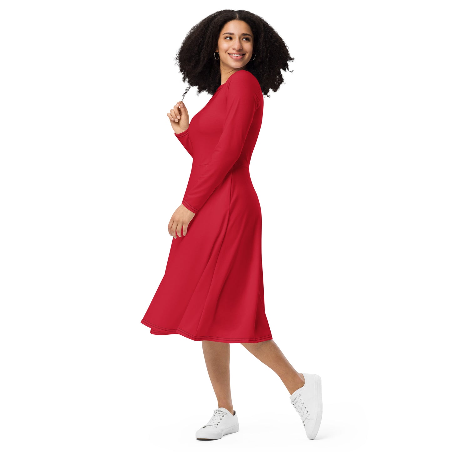 Red Long Sleeve Midi Dress