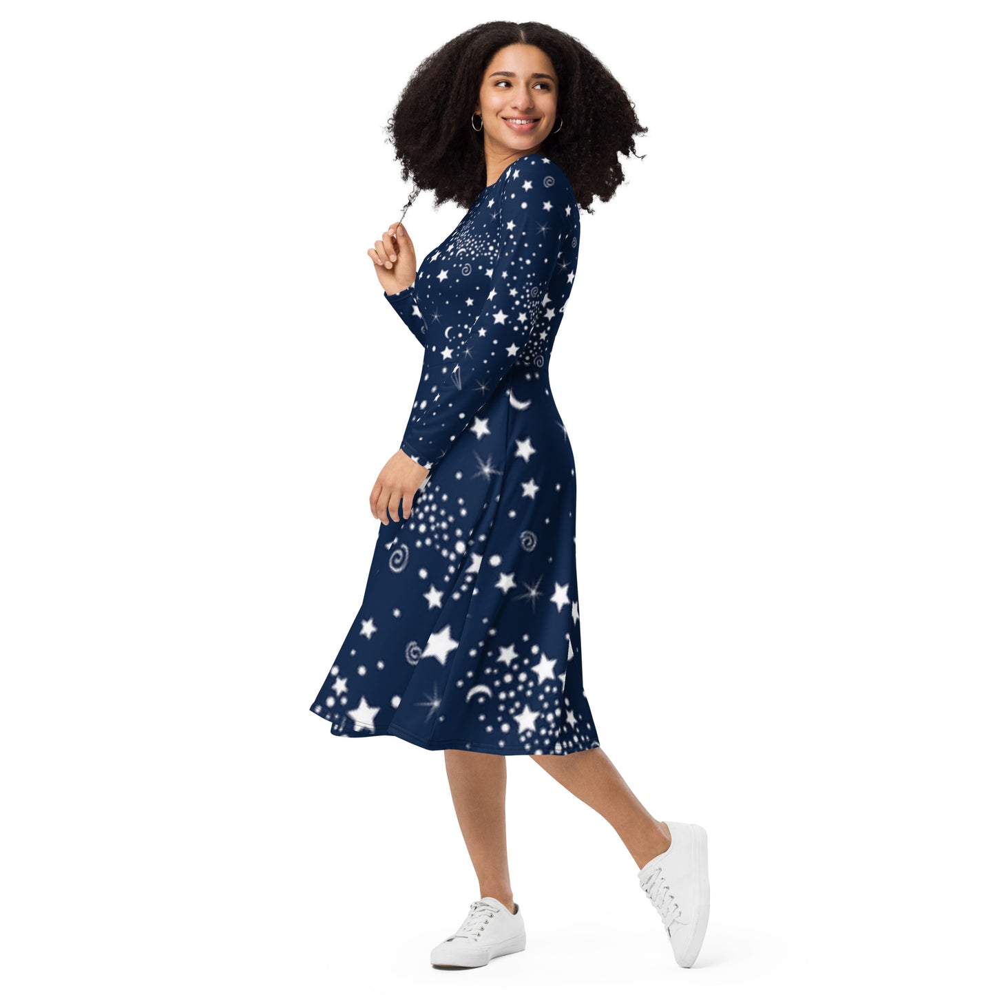 Galaxy All-Over Print Long Sleeve Midi Dress