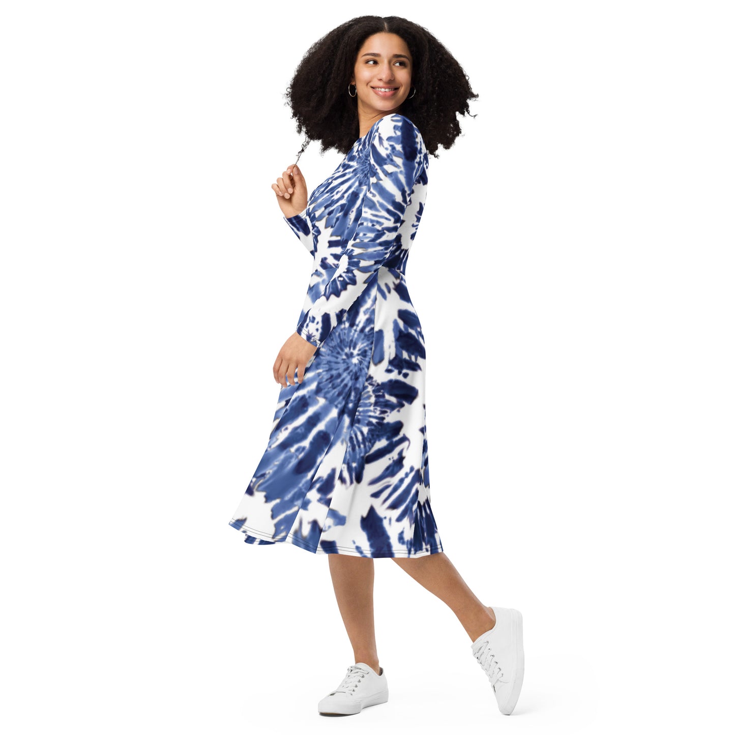 Tie And Dye Print Long Sleeve Midi Dress