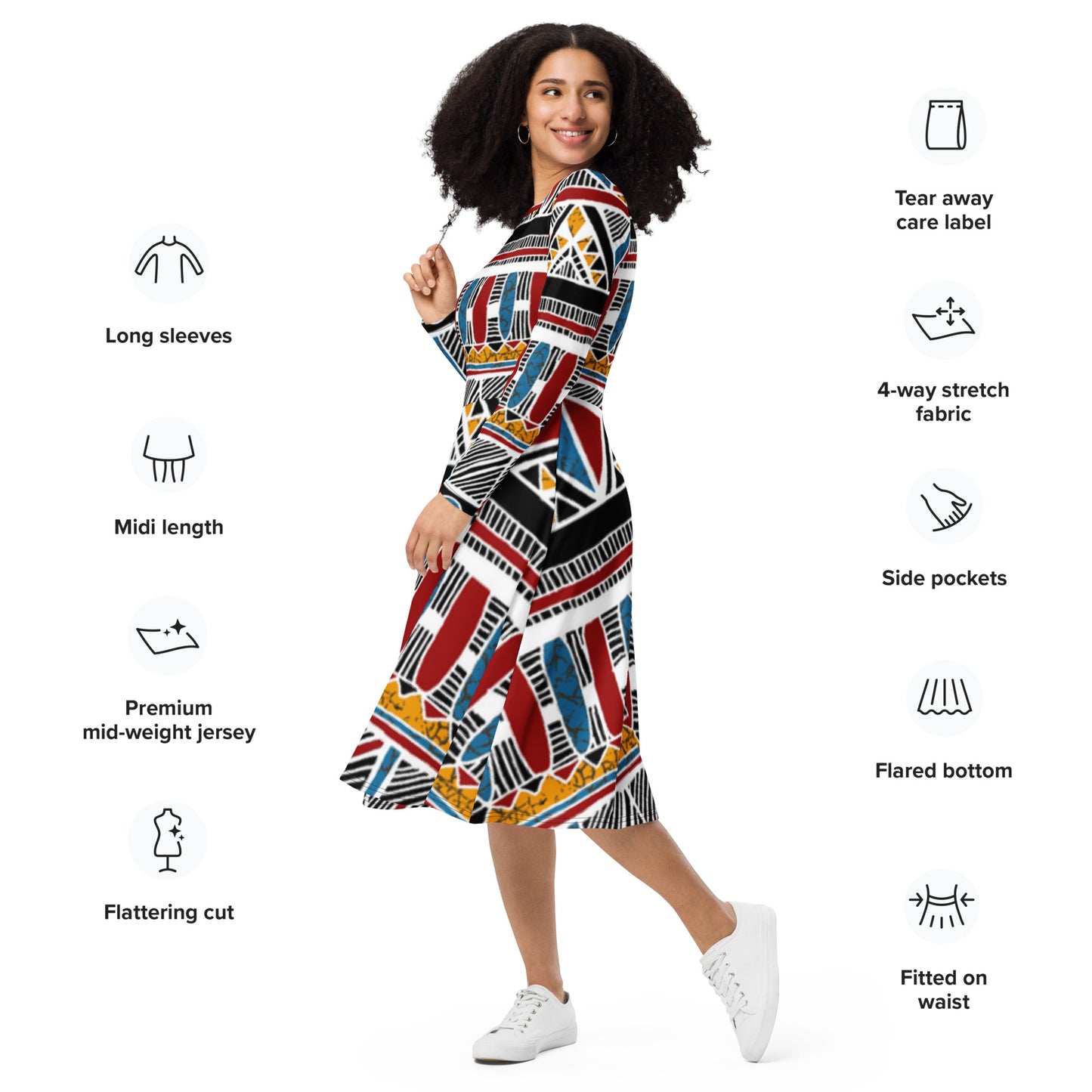 Ethnic print long sleeve midi dress