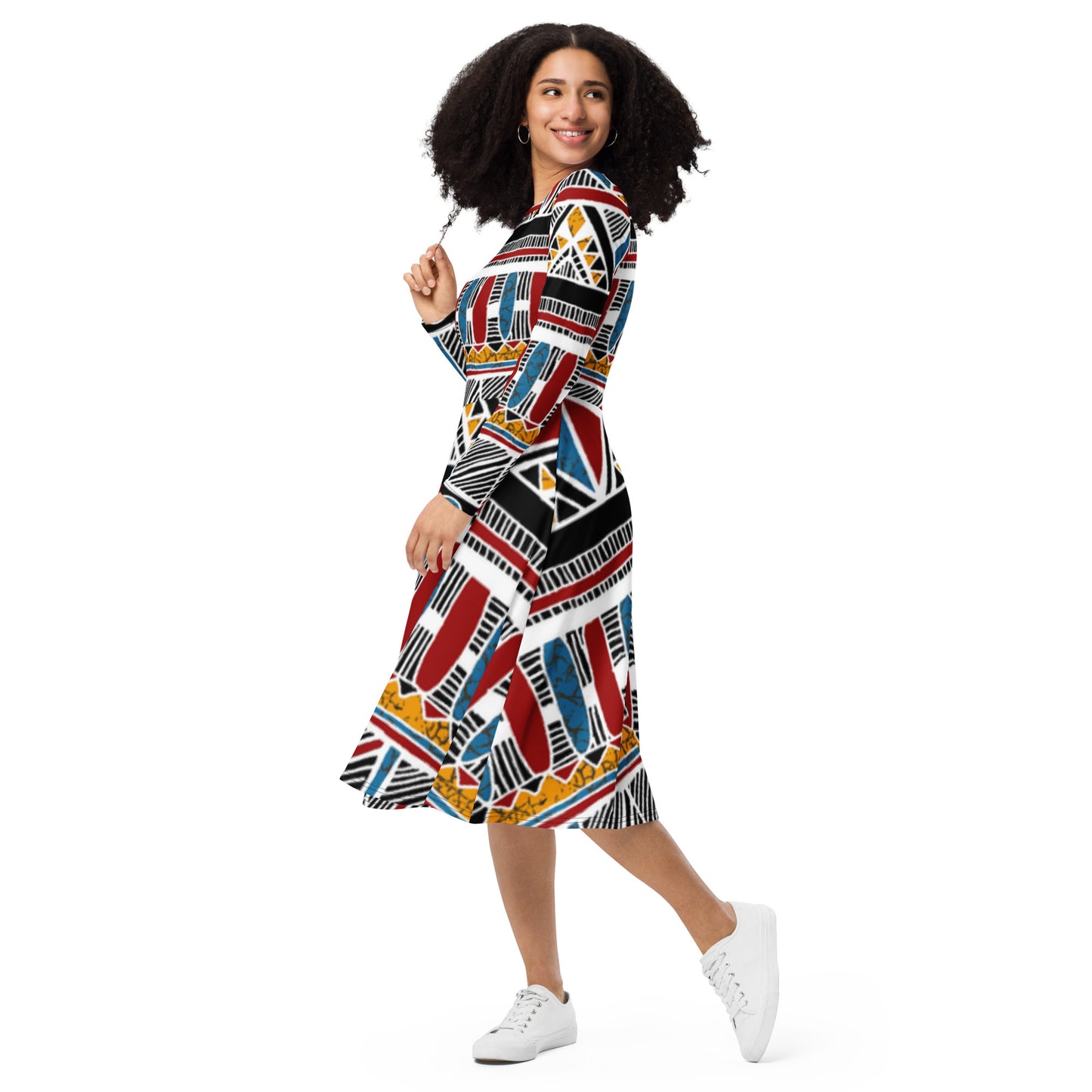 Ethnic print long sleeve midi dress