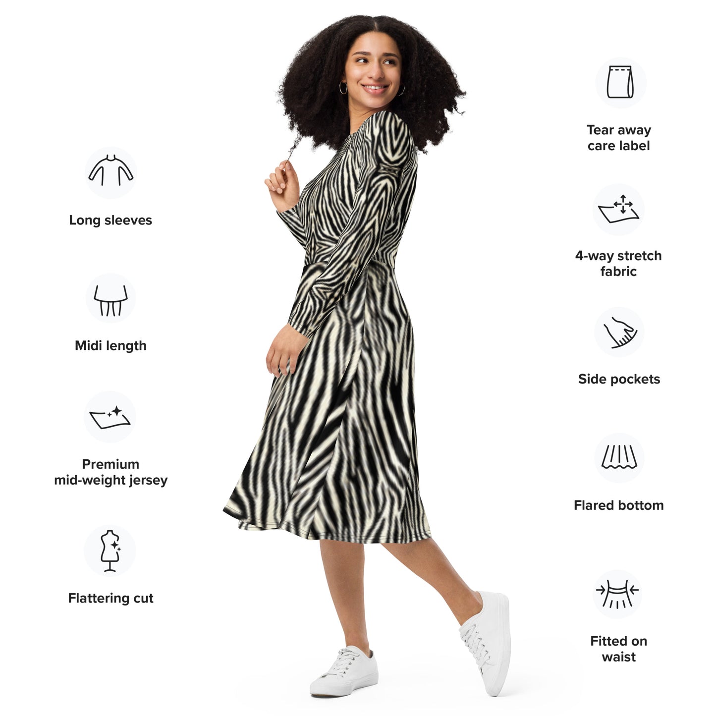 Zebra Print Long Sleeve Midi Dress