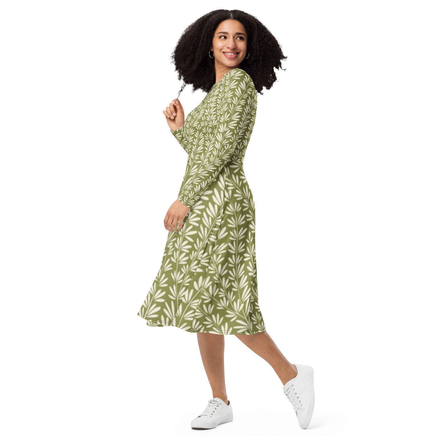 Green Leafy Print Long Sleeve Midi Dress