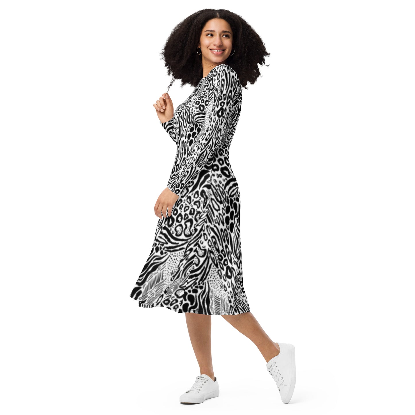 Monochrome Leopard Long Sleeve Midi Dress