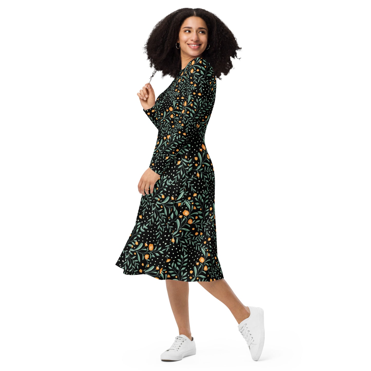 Winter Floral Long Sleeve Midi Dress