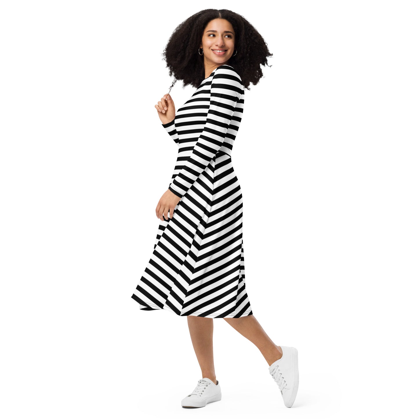 Monochrome Stripe Long Sleeve Midi Dress