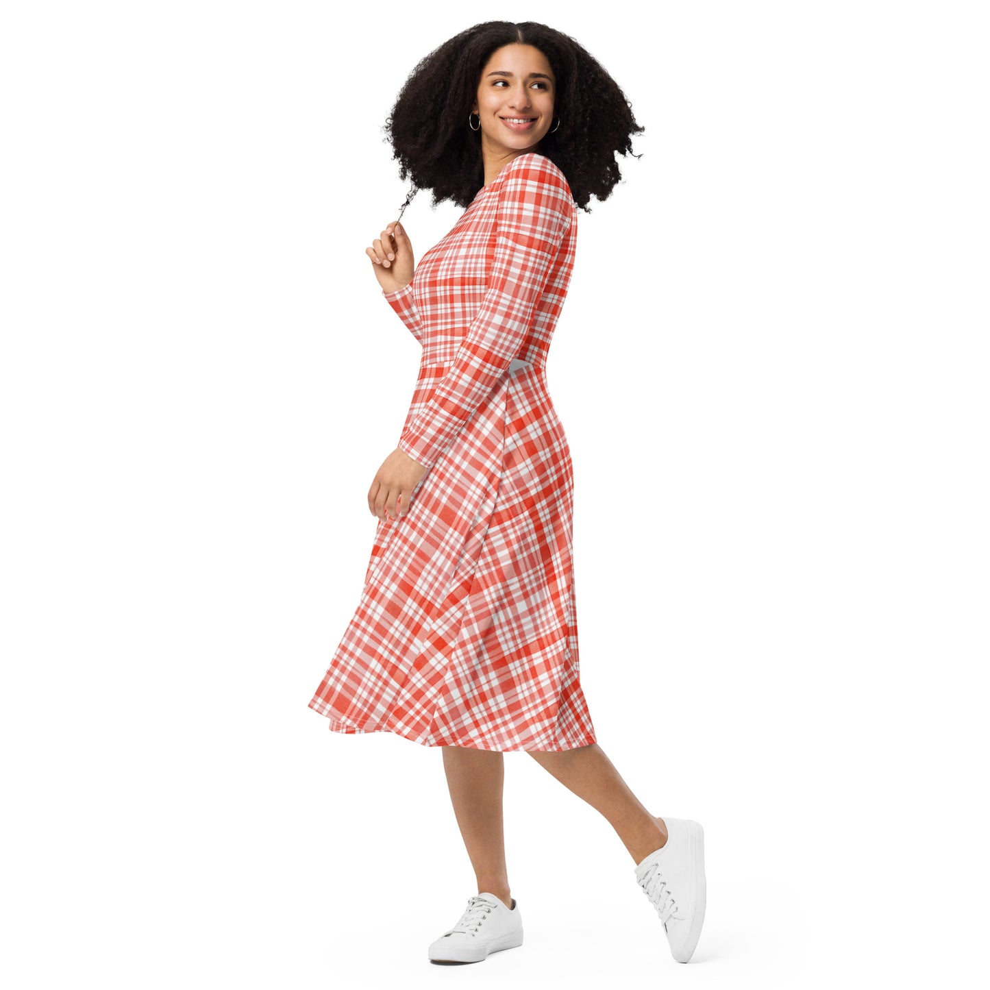 Red Gingham Long Sleeve Midi Dress