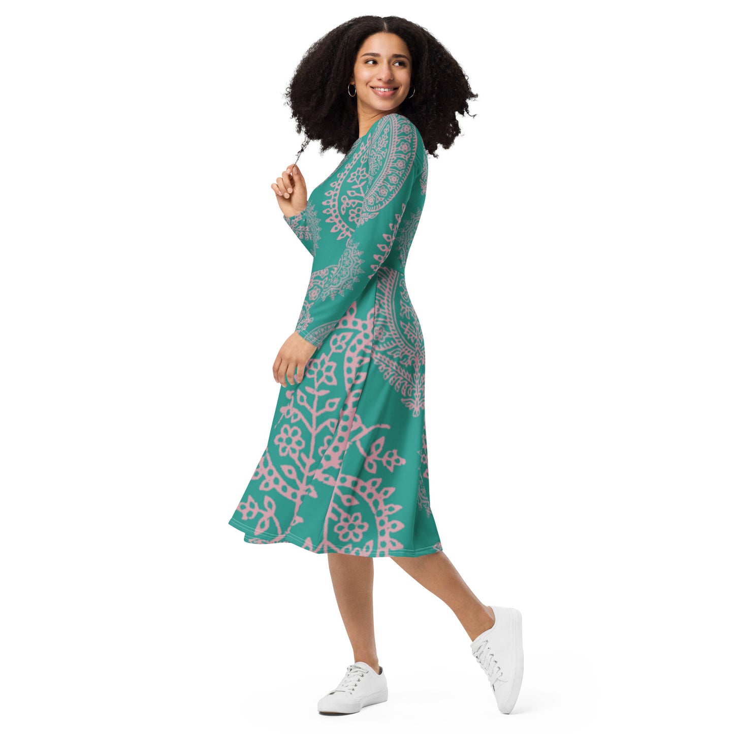 Turquoise Paisley Long Sleeve Midi Dress