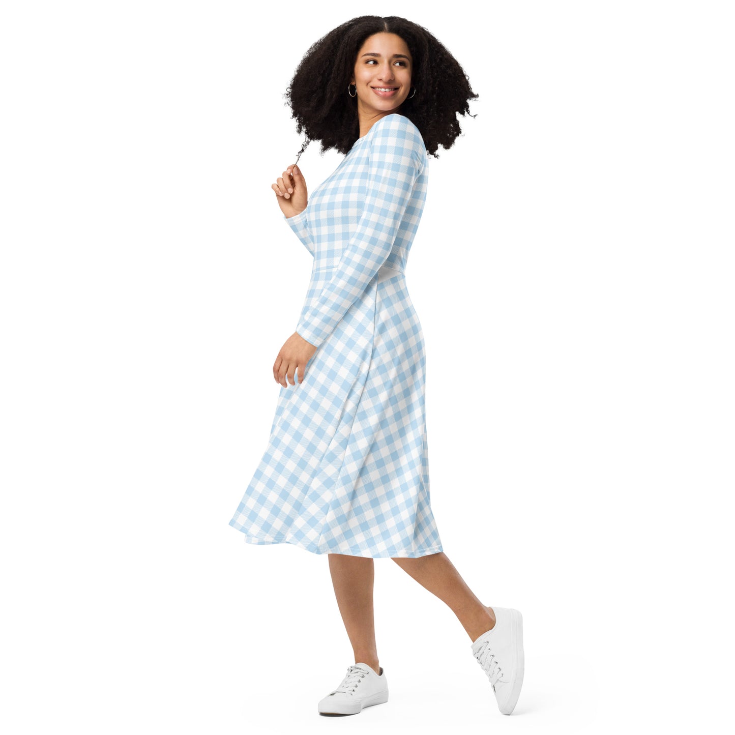 Blue Gingham Long Sleeve Midi Dress