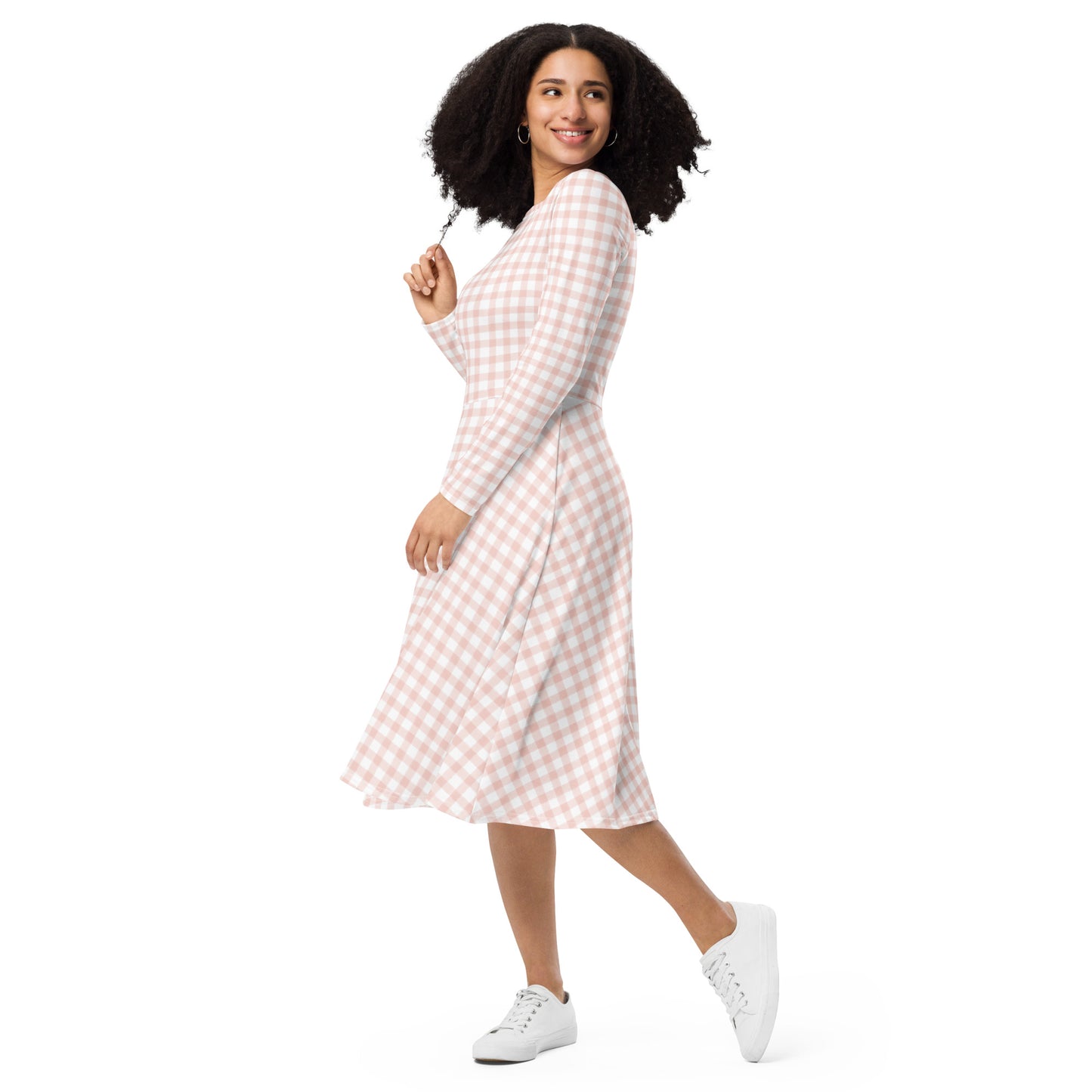 Light Pink Gingham Long Sleeve Midi Dress