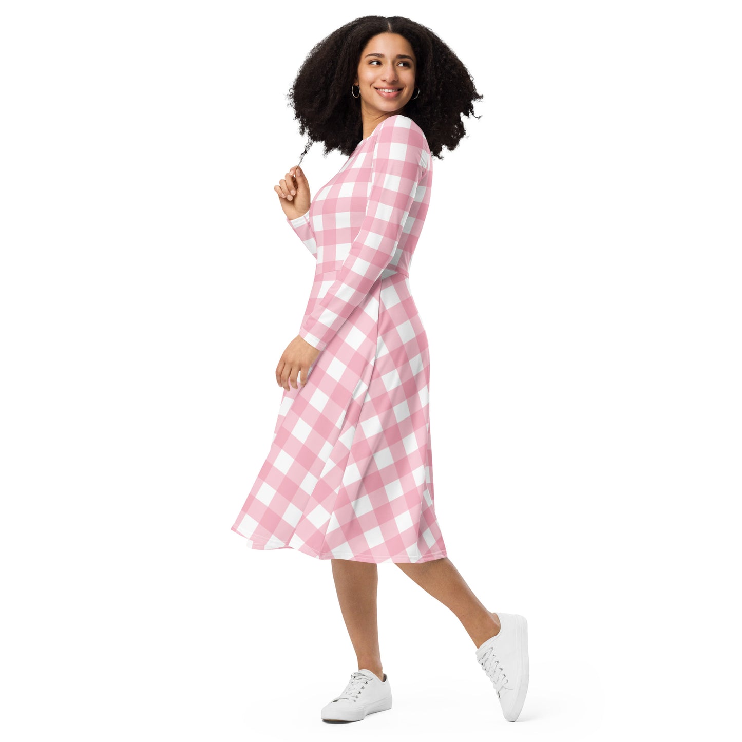 Pink Gingham Long Sleeve Midi Dress