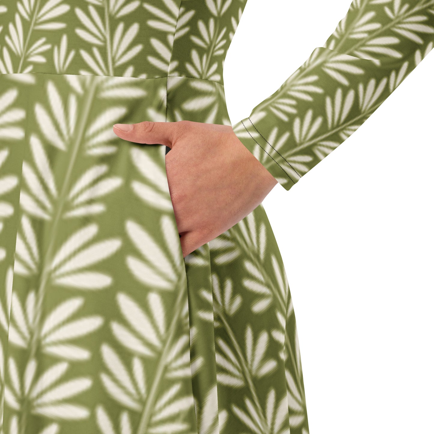 Green Leafy Print Long Sleeve Midi Dress