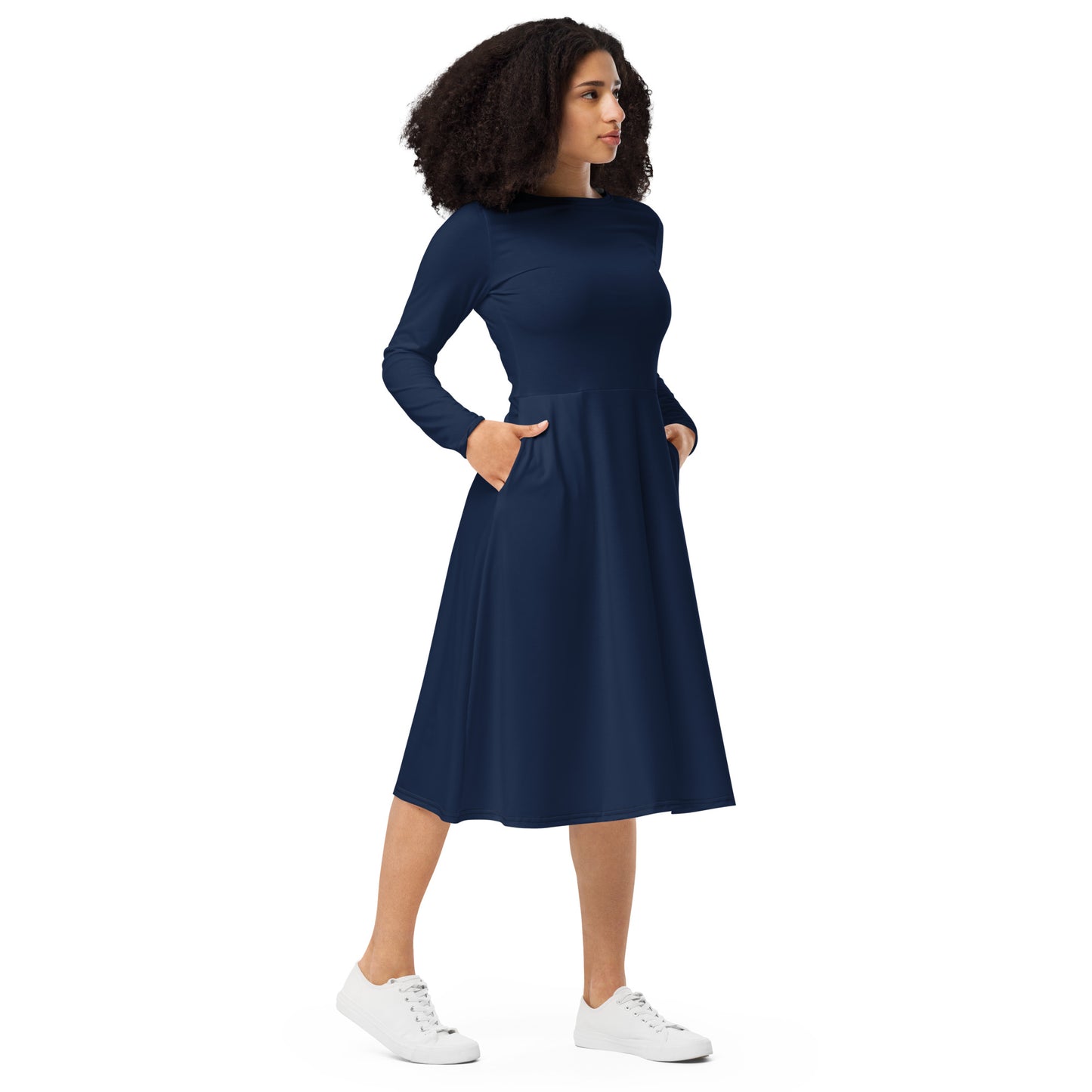 Navy Long Sleeve Midi Dress