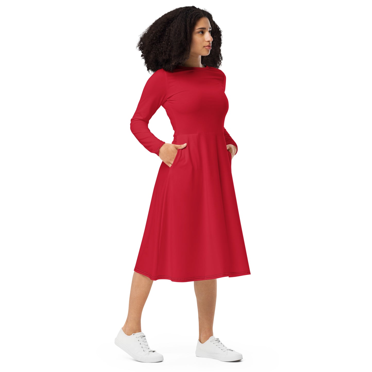 Red Long Sleeve Midi Dress