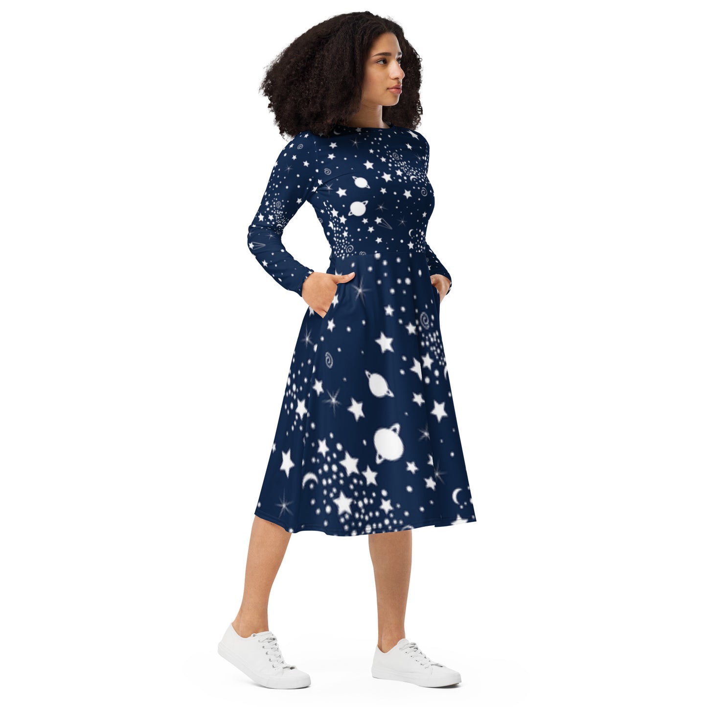 Galaxy All-Over Print Long Sleeve Midi Dress