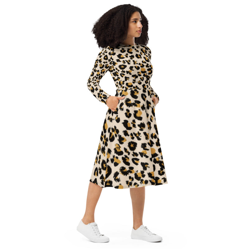 Leopard Long Sleeve Midi Dress