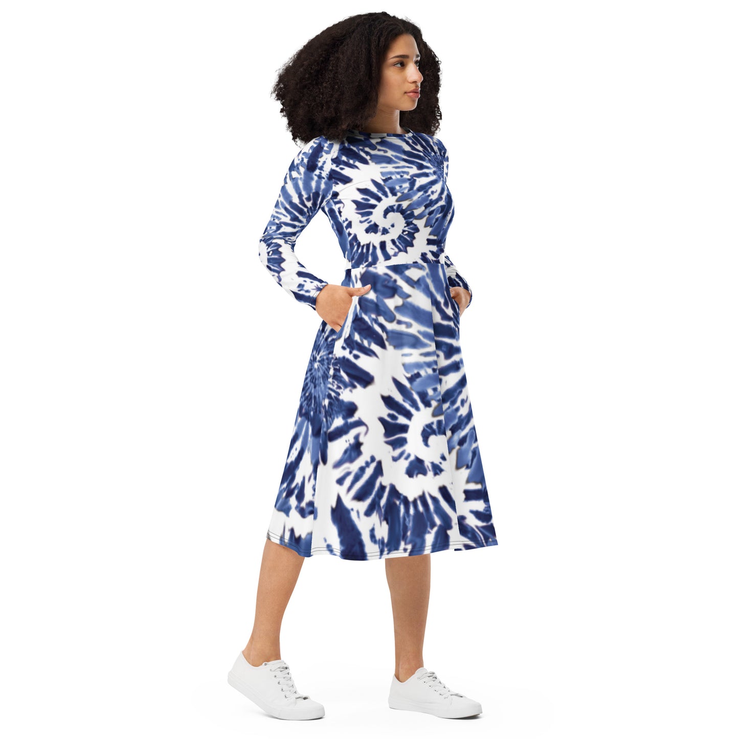 Tie And Dye Print Long Sleeve Midi Dress