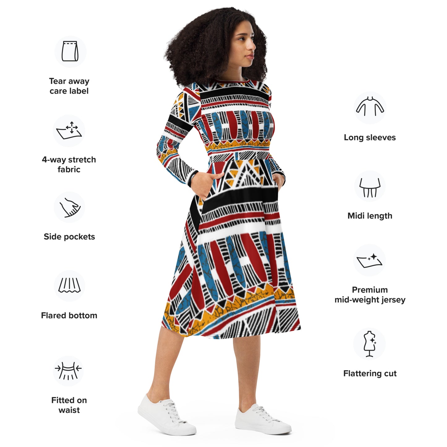 Ethnic print long sleeve midi dress