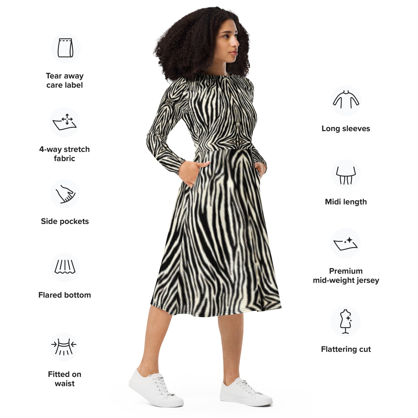 Zebra Print Long Sleeve Midi Dress